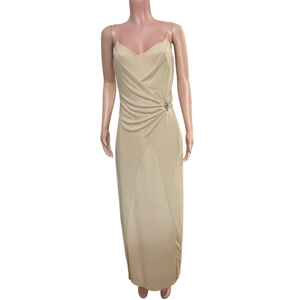 Eureka USA Beige Draped Evening Gown Sz L Y2K Glam Formal Prom Dress, Gala‎